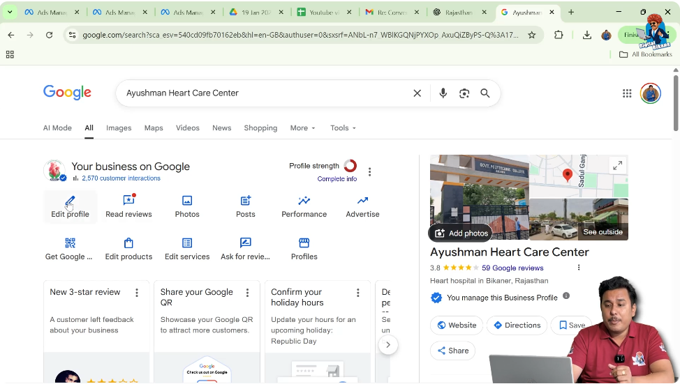 Opening edit profile option in Google My Business listing to update WhatsApp number