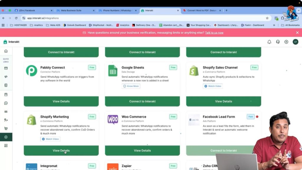Open the Integrations section in Interakt dashboard to start Shopify and WhatsApp Business API integration
