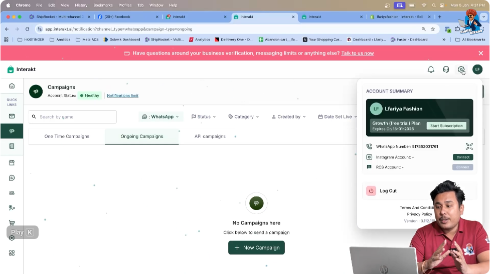 Opening the settings section in Interakt admin dashboard to add GST details in WhatsApp API billing software