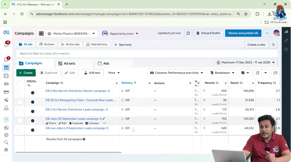 Meta Ads Manager dashboard showing multiple Facebook ad campaigns and performance metrics