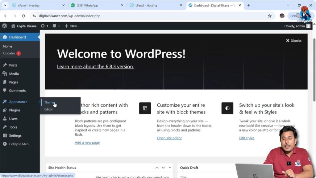 Themes section in WordPress dashboard showing installed themes
