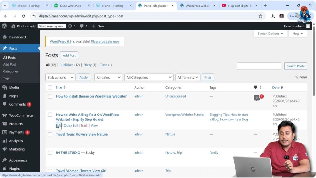 WordPress dashboard All Posts section for editing blog post