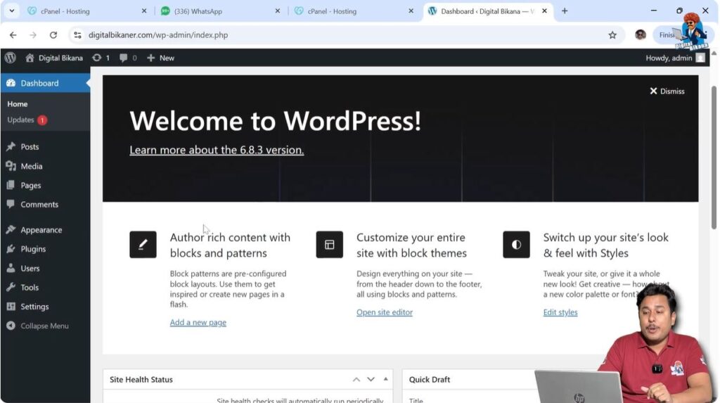 WordPress dashboard opened to install a new theme