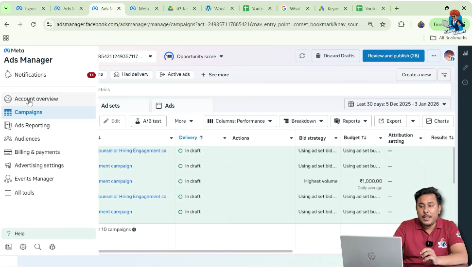Opening Account Overview option in Ads Manager left menu