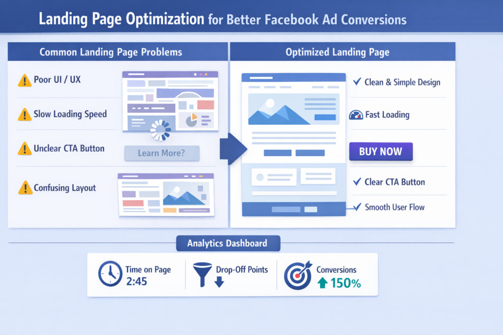 Optimize landing page UI UX speed and CTA to increase Facebook ads conversion rate