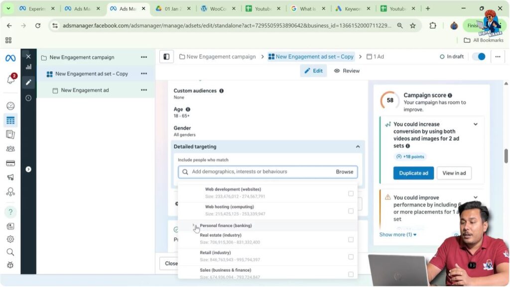 Personal finance credit cards insurance interest targeting in Meta Ads Manager
