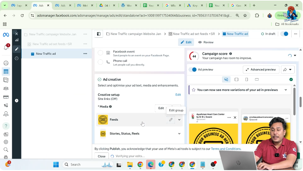 Previewing website traffic ad in Facebook feed placement