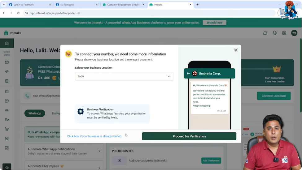 Proceeding with Meta Business verification for WhatsApp API connection