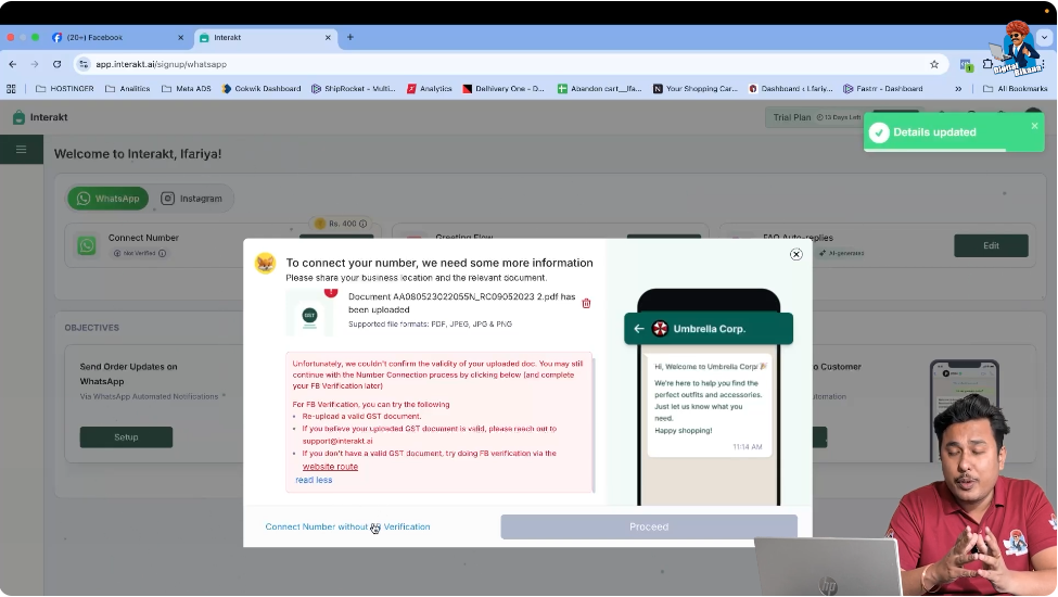Choosing connect number without Facebook verification option in Interakt WhatsApp Business API setup