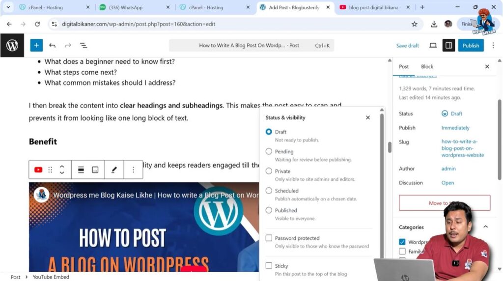 Publishing blog post from WordPress editor