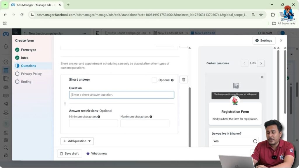 Adding multiple choice questions and contact details in Facebook instant lead form