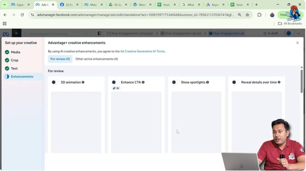 Advantage Plus Creative enhancement section showing music option
