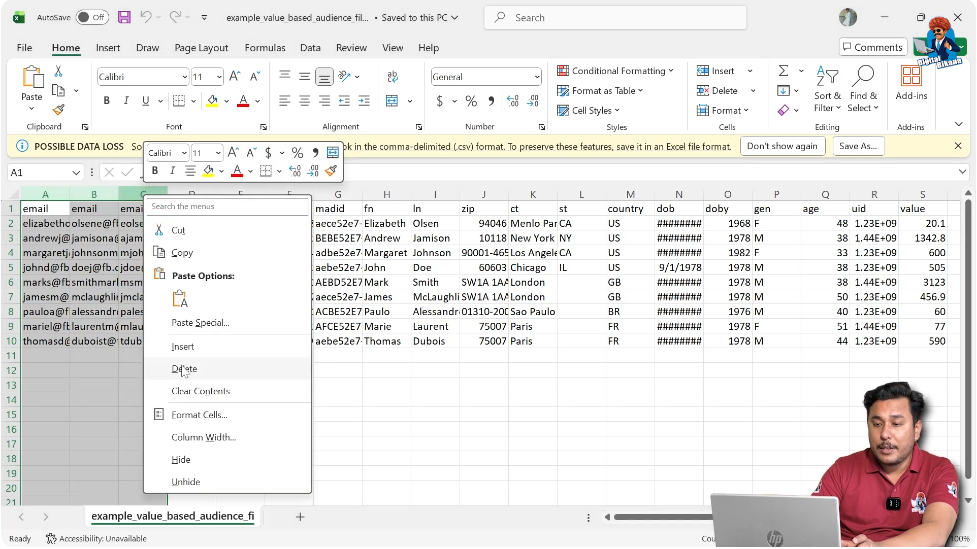 Remove email column from CSV file while creating mobile number custom audience