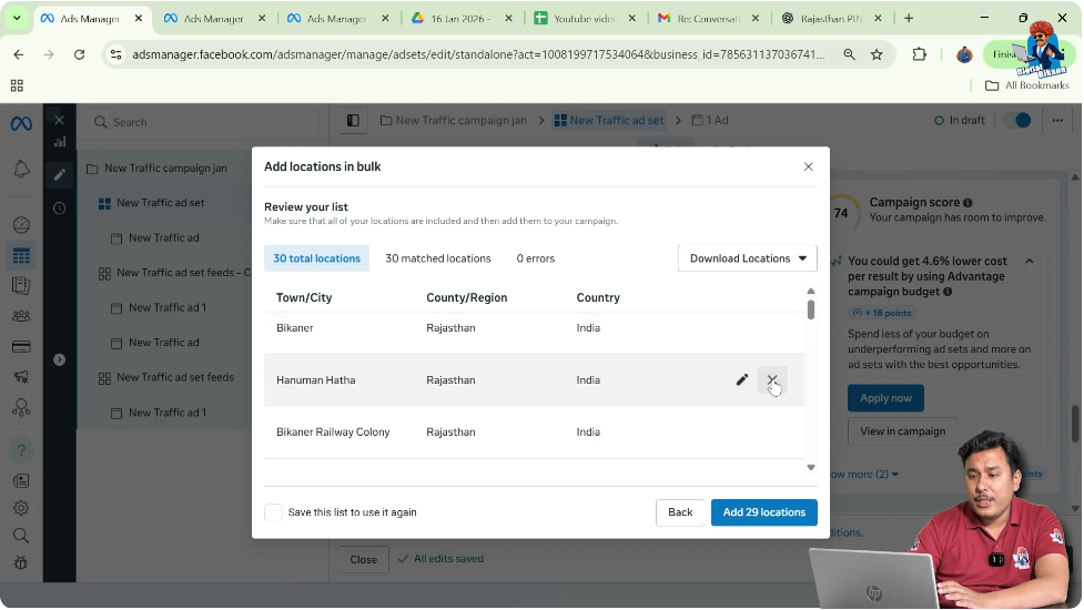 Unchecking irrelevant matched locations before adding to ad targeting