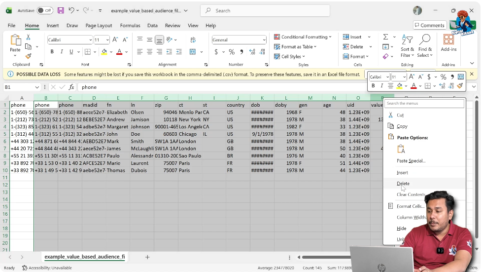 Delete unnecessary columns and keep only phone number column in customer list file