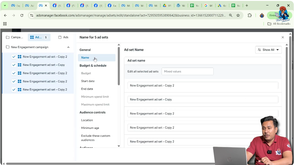 Renaming multiple ad sets at once in Meta Ads Manager edit panel