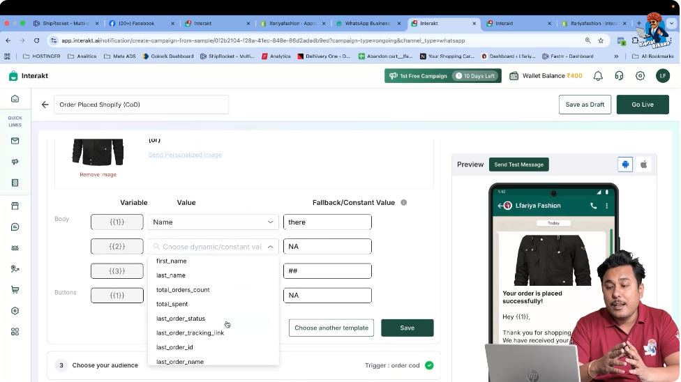 Review pre-filled campaign details automatically synced from Shopify in WhatsApp Business API campaign.