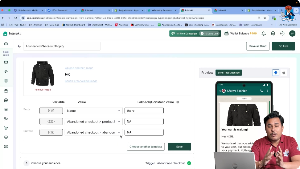 Reviewing automatically prefilled abandoned cart campaign details synced from Shopify in WhatsApp Business API