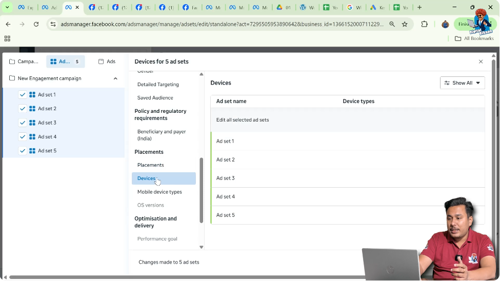 Device targeting settings for multiple ad sets in Meta Ads Manager