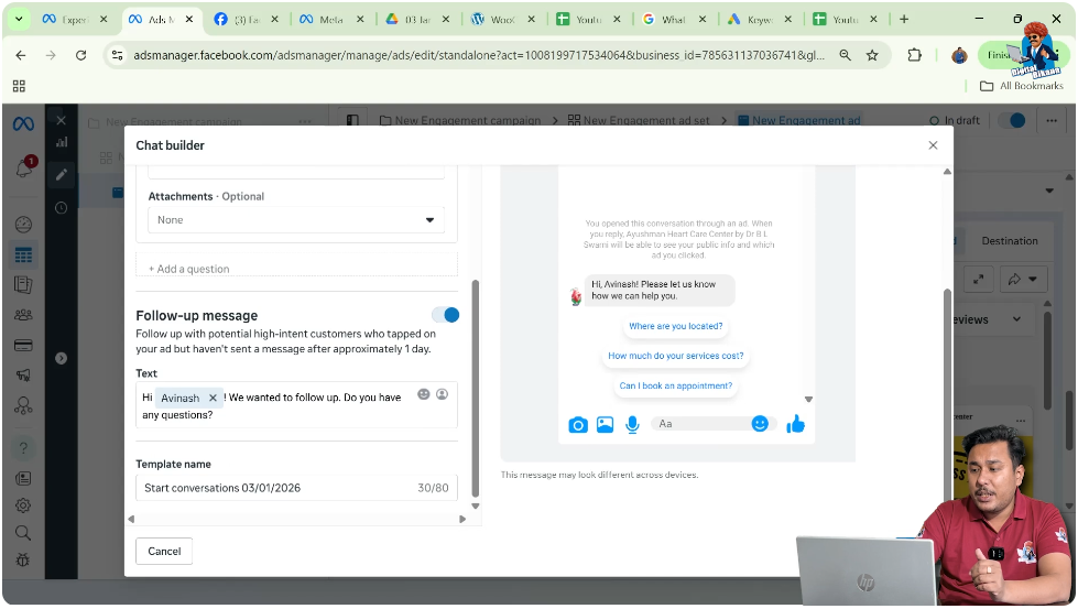 Saving edited message template in Facebook engagement ad campaign