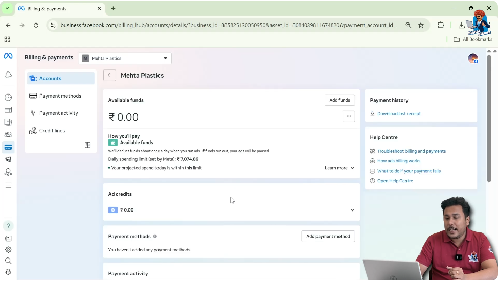 Scroll down billing page to locate Business Info option in ad account