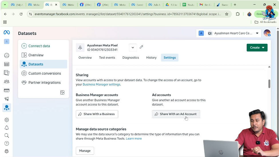 Scroll to share with ad account option in Meta Pixel settings