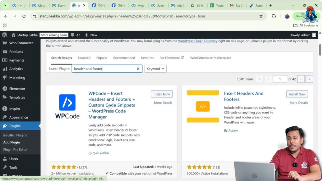 Searching header and footer plugin in WordPress plugin directory