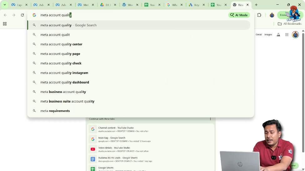 Searching Meta account quality on Google browser
