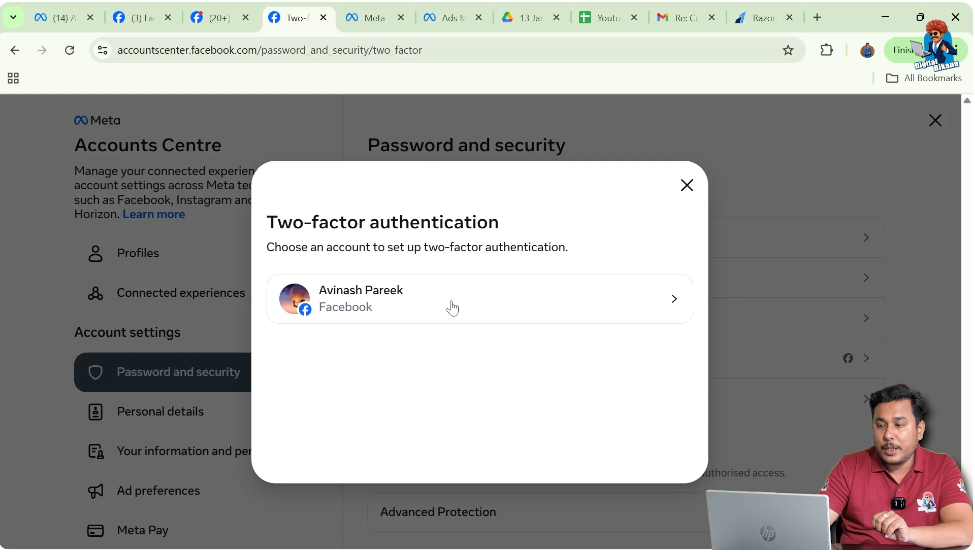 Select Facebook account to enable two-step authentication security