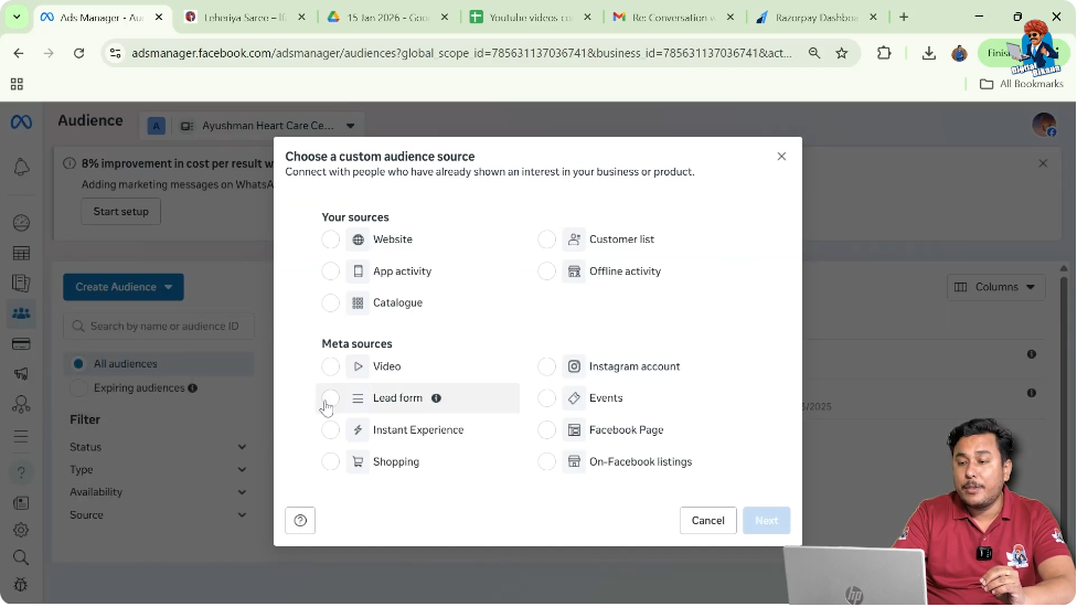 Select lead form as data source to create custom audience in Facebook Ads Manager