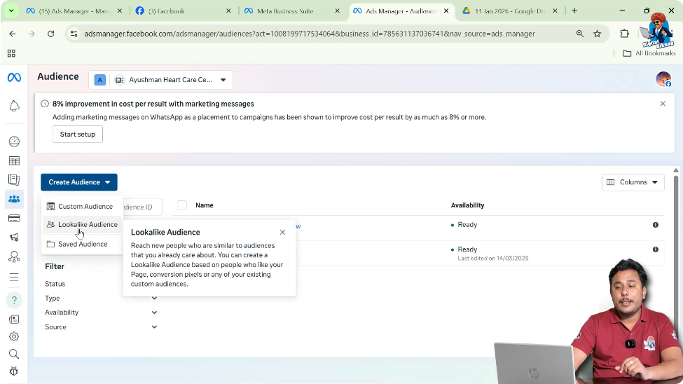 Selecting lookalike audience option while creating audience in Facebook Ads