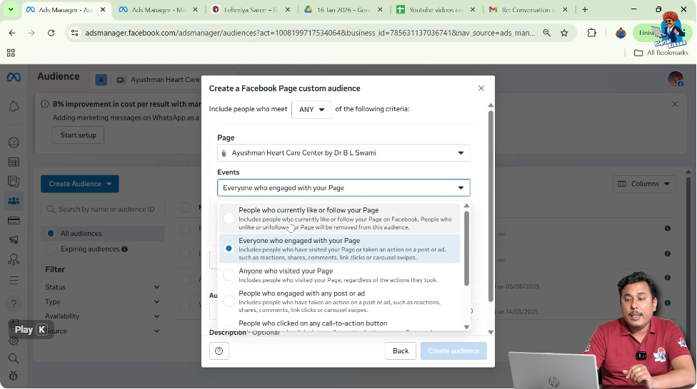 Selecting people who currently like or follow your page event in custom audience setup
