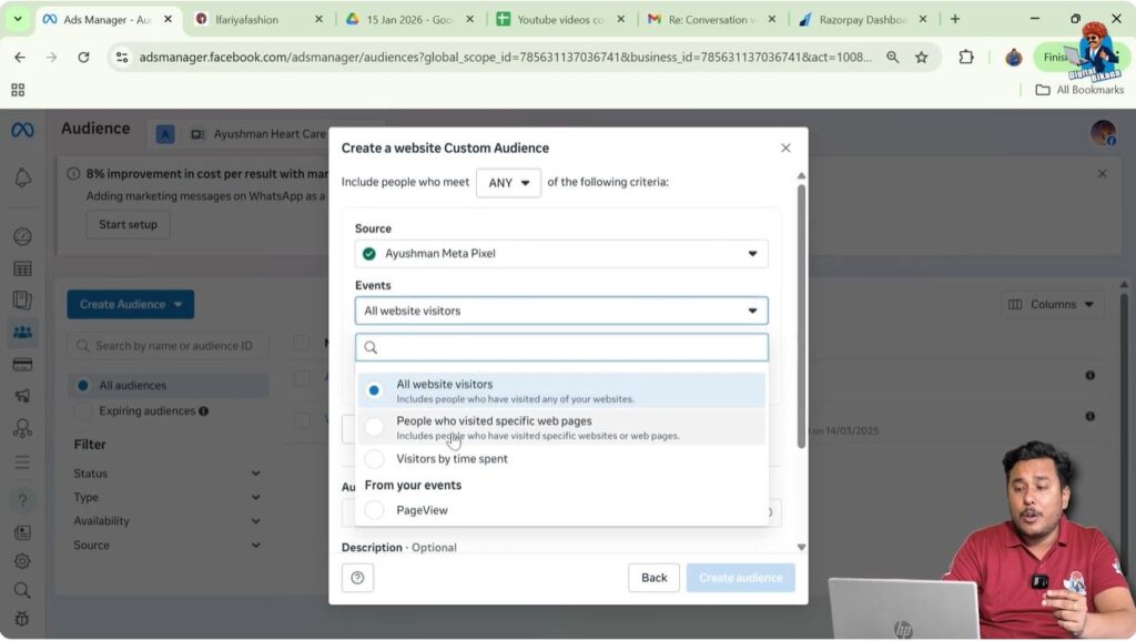 Select people who visited specific web pages to avoid targeting all website visitors