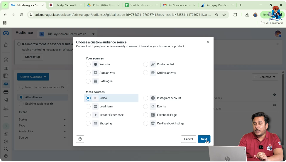 Select video as custom audience source in Facebook Ads Manager for video views targeting
