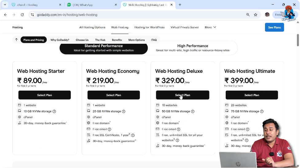 Selecting web hosting deluxe plan with free SSL and domain