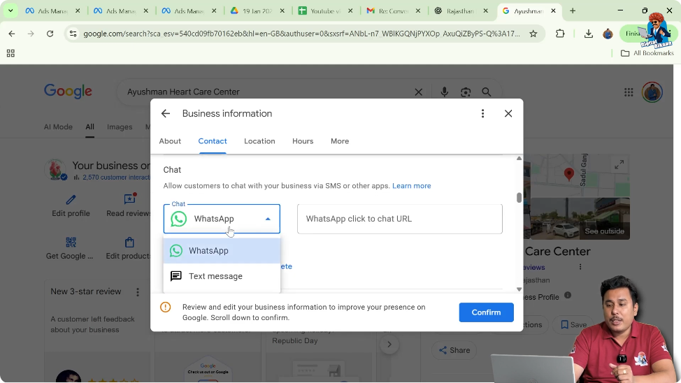 Selecting WhatsApp as the chat platform in Google My Business listing profile