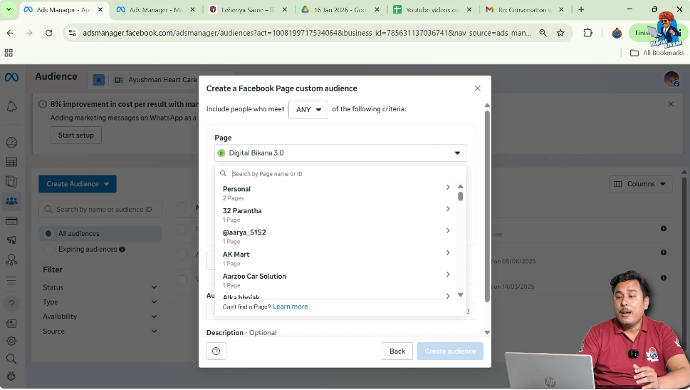 Choosing correct Facebook page to create engagement custom audience