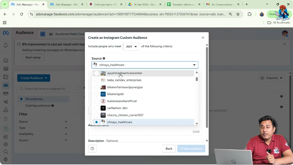 Choosing professional Instagram account to create engagement custom audience