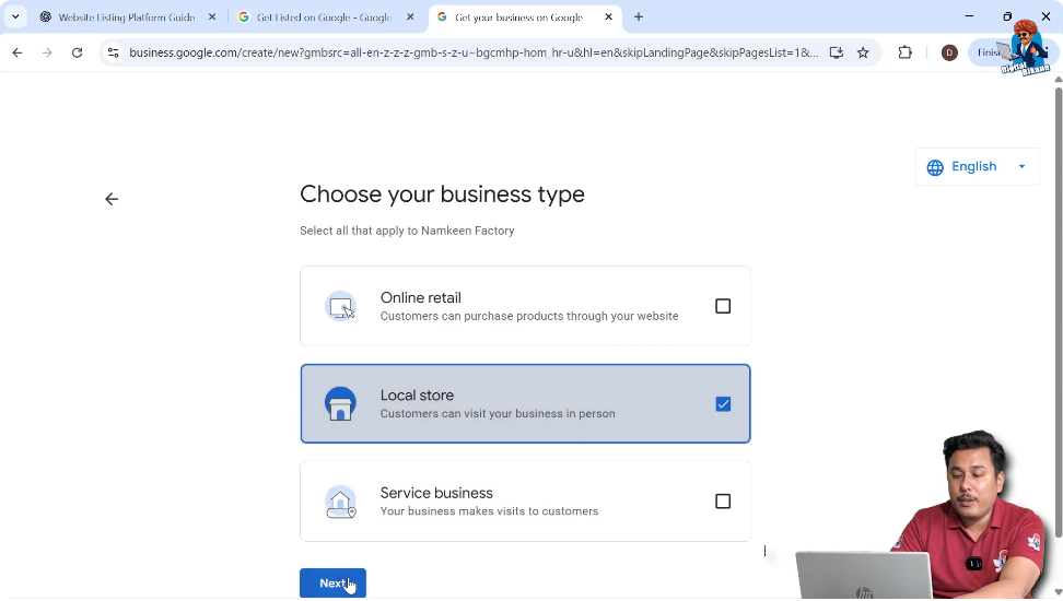 Selecting business type such as local store, service business, or online retail in Google My Business