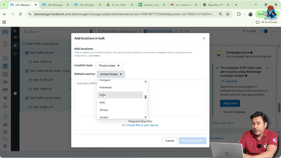 Selecting country before entering bulk postal codes in Facebook ads