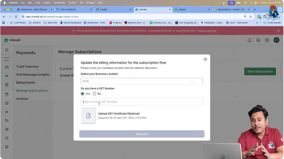 Selecting India as country while updating GST details in WhatsApp API billing software