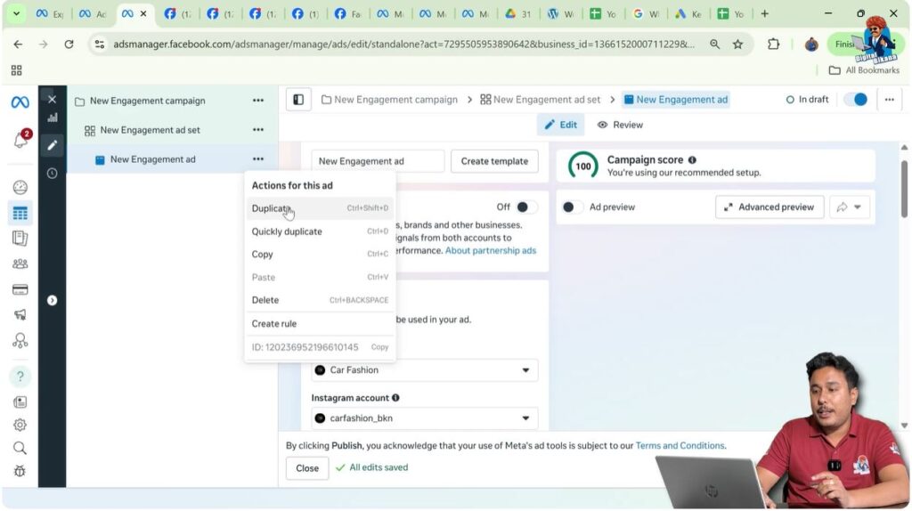 Duplicate option selected from ad creative menu in Meta Ads