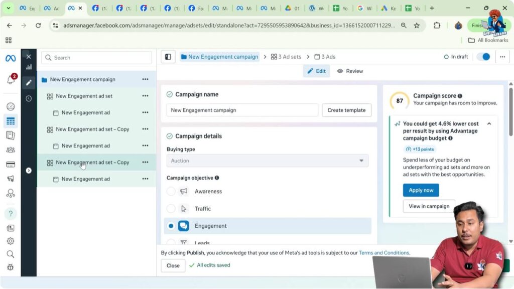 First ad set selected for bulk deletion