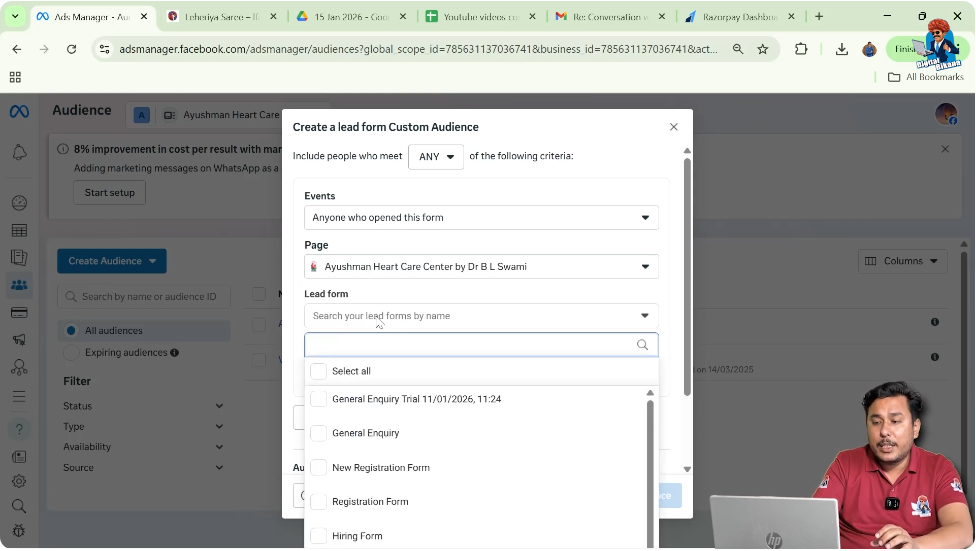 Select specific lead form to build custom audience from lead form interactions
