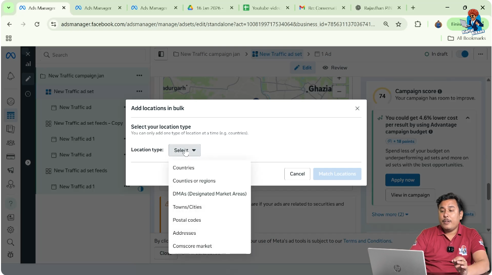 Selecting towns and cities or postal code option in bulk location window
