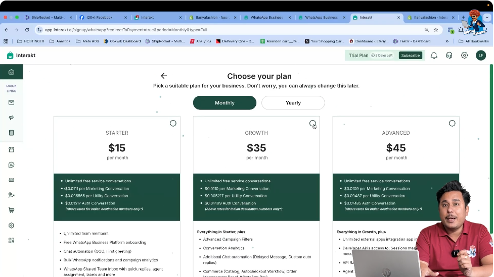 Select 35 USD monthly plan for Interakt WhatsApp Business API with Shopify integration