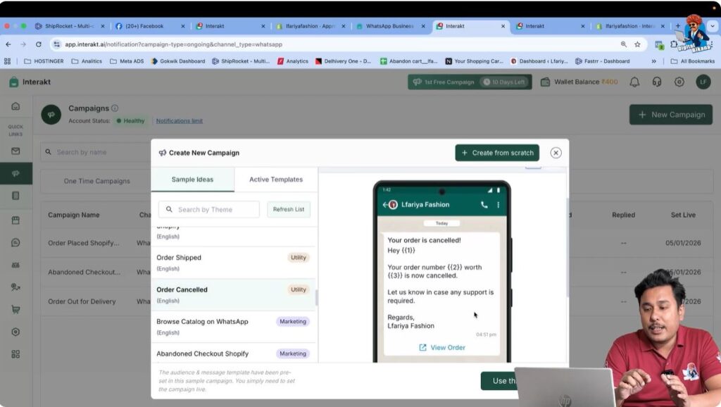 Select the Order Cancelled sample campaign in Interakt for WhatsApp Business API automation