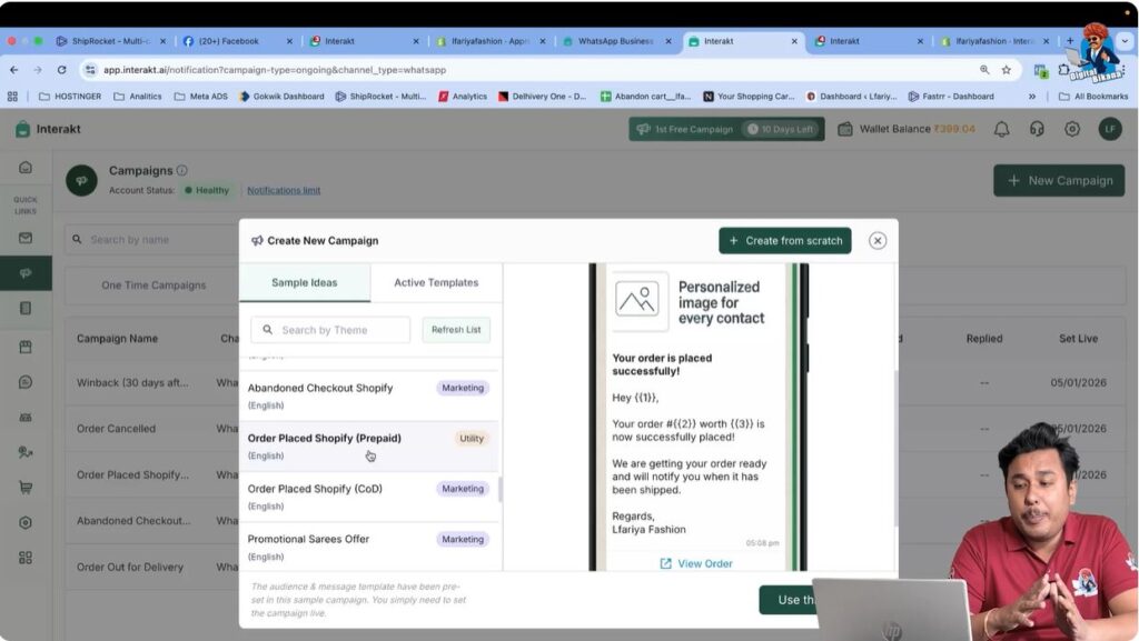 Select Order Placed Shopify Prepaid sample to automate prepaid order confirmation messages on WhatsApp Business API