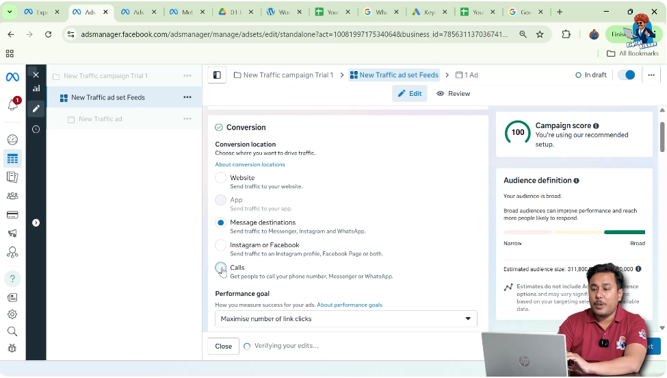 Selecting calls as conversion location for call ads in Meta Ads Manager
