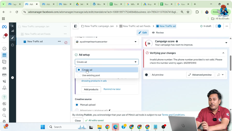 Selecting create ad option for WhatsApp call ad campaign